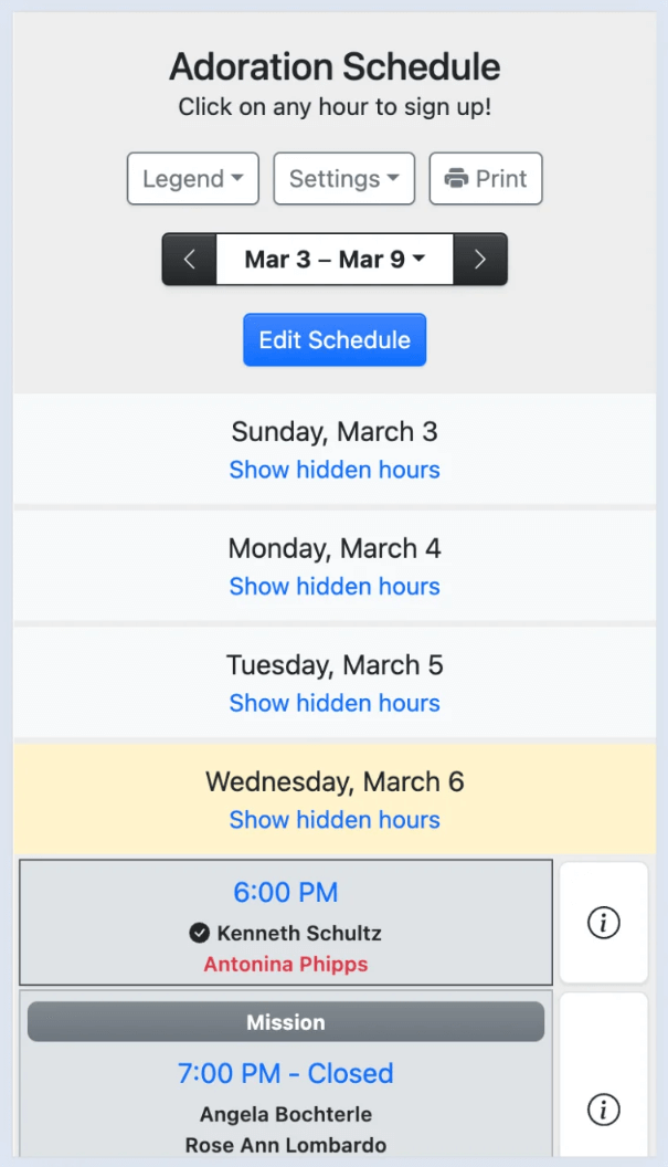 Past hours are collapsed on the current week's schedule