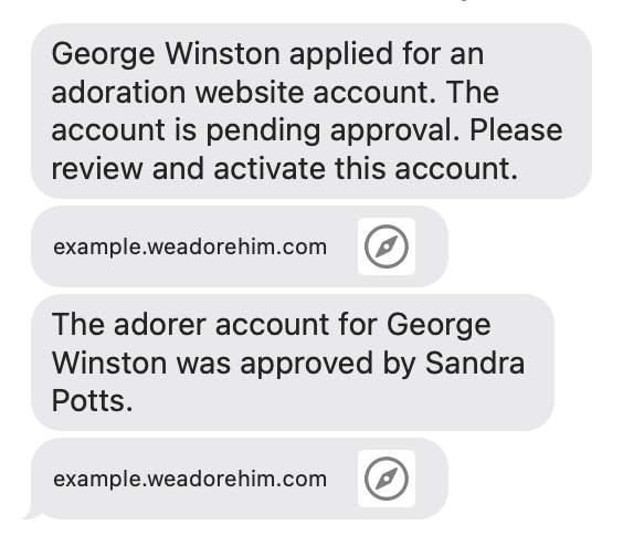 Adorer activation notification to other administrators