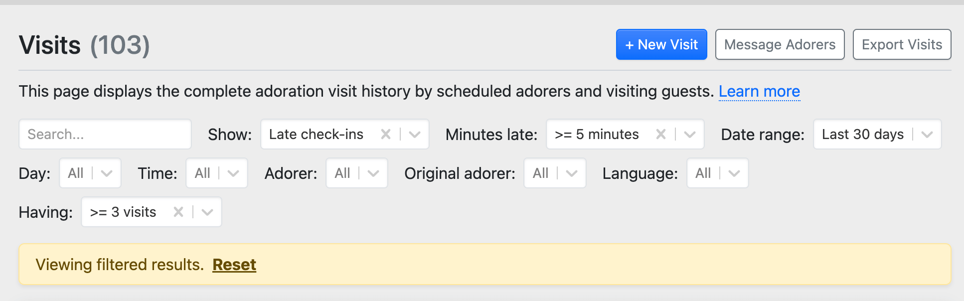 The Having filter on the Visits page