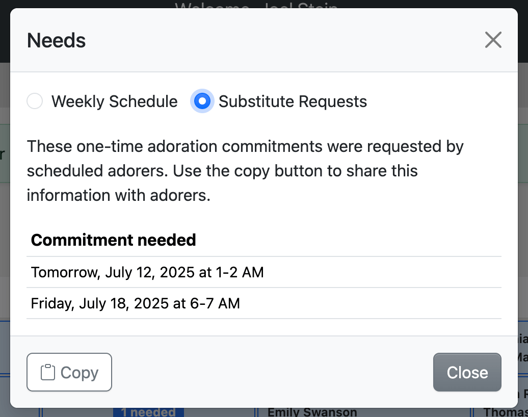 Substitute Requests view showing one-time needs