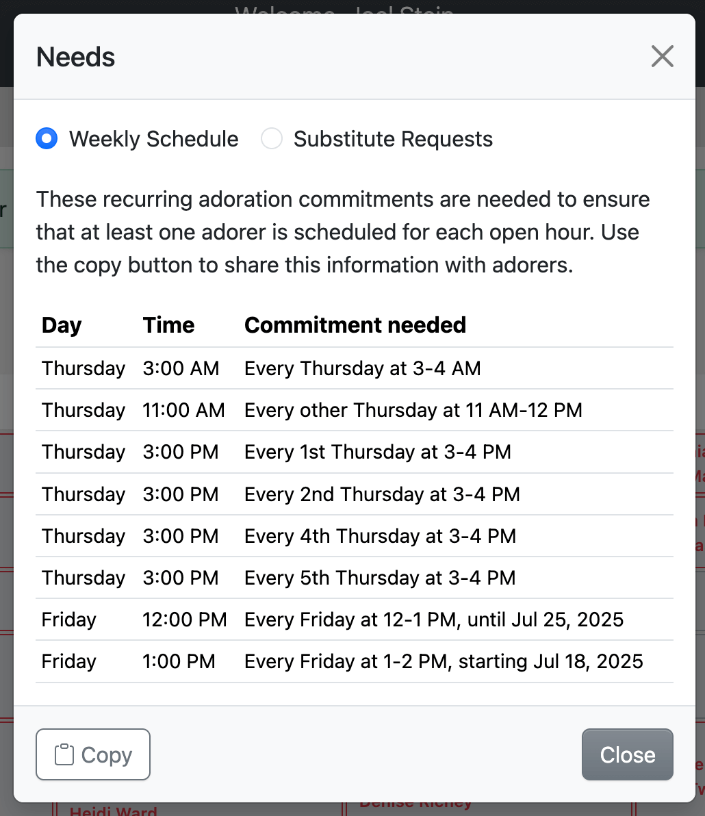 Weekly Schedule view showing permanent adoration needs