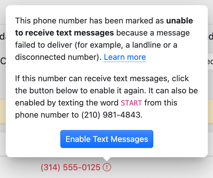 Popover on a phone number unable to receive text messages