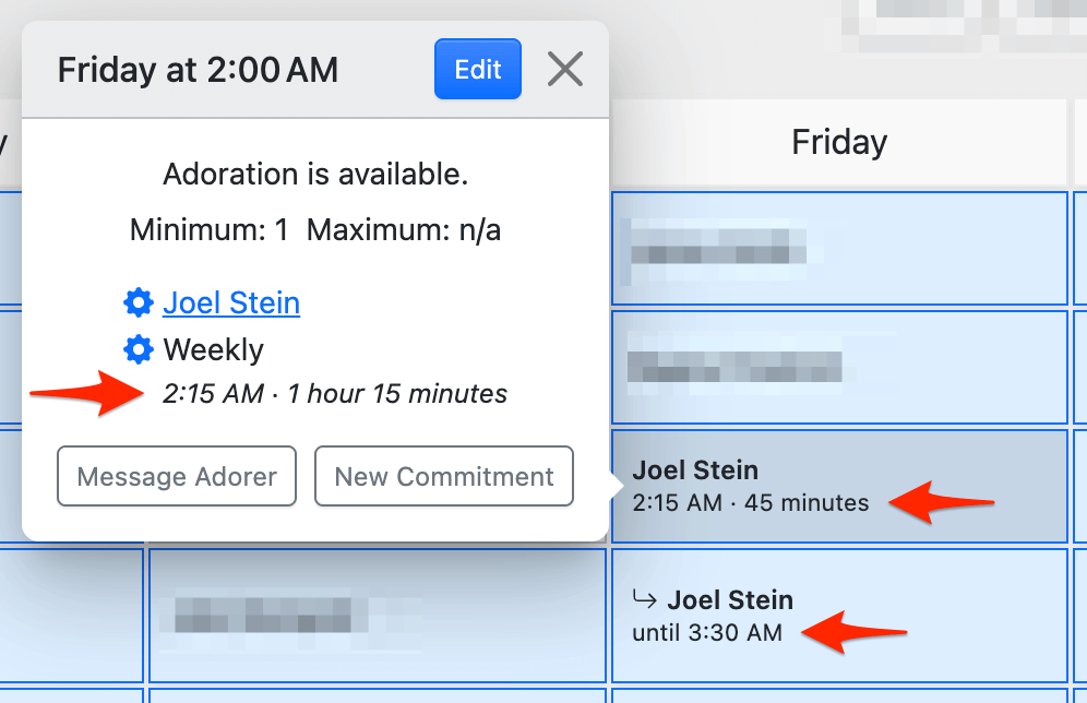 Commitment start time and duration on the schedule page hour popover