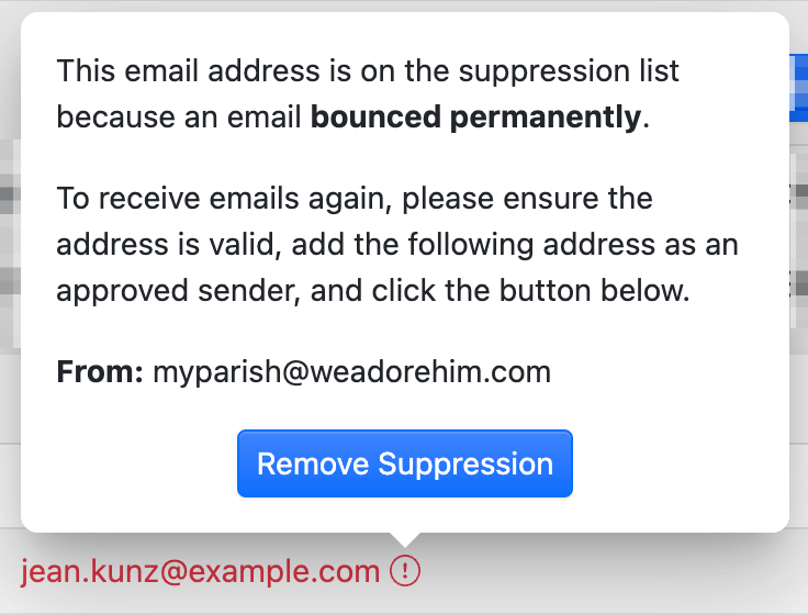 Email address on the suppression list popover