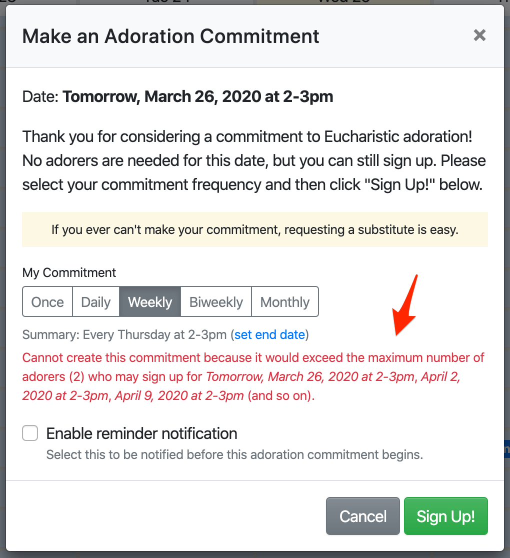 Maximum adorers exceeded alert on the commitment form