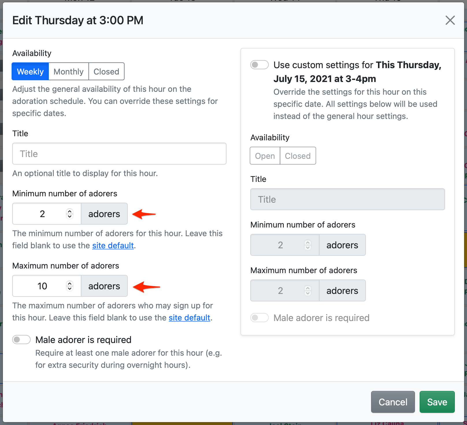 Minimum and Maximum Adorers field on the hour form