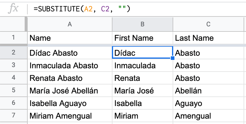 Parsing an adorer name to first and last name in a spreadsheet