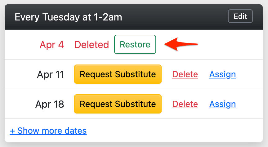 Restore button on the dashboard page