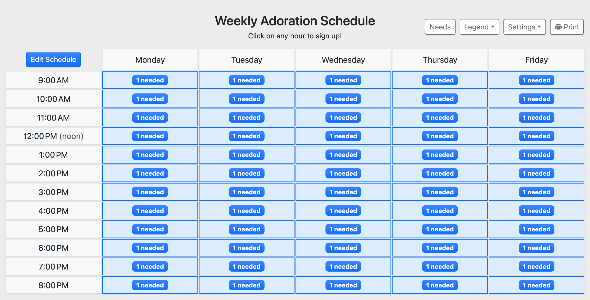 Schedule page with several hidden hours