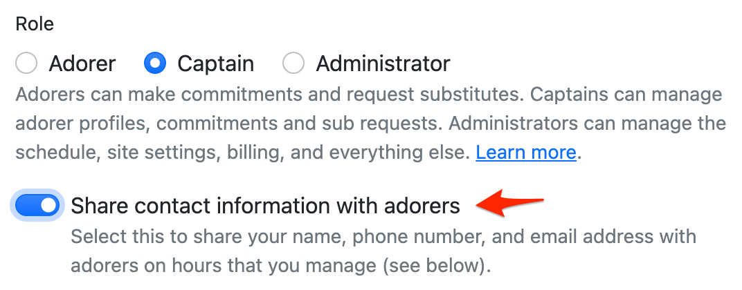 Sharing captain contact information with adorers