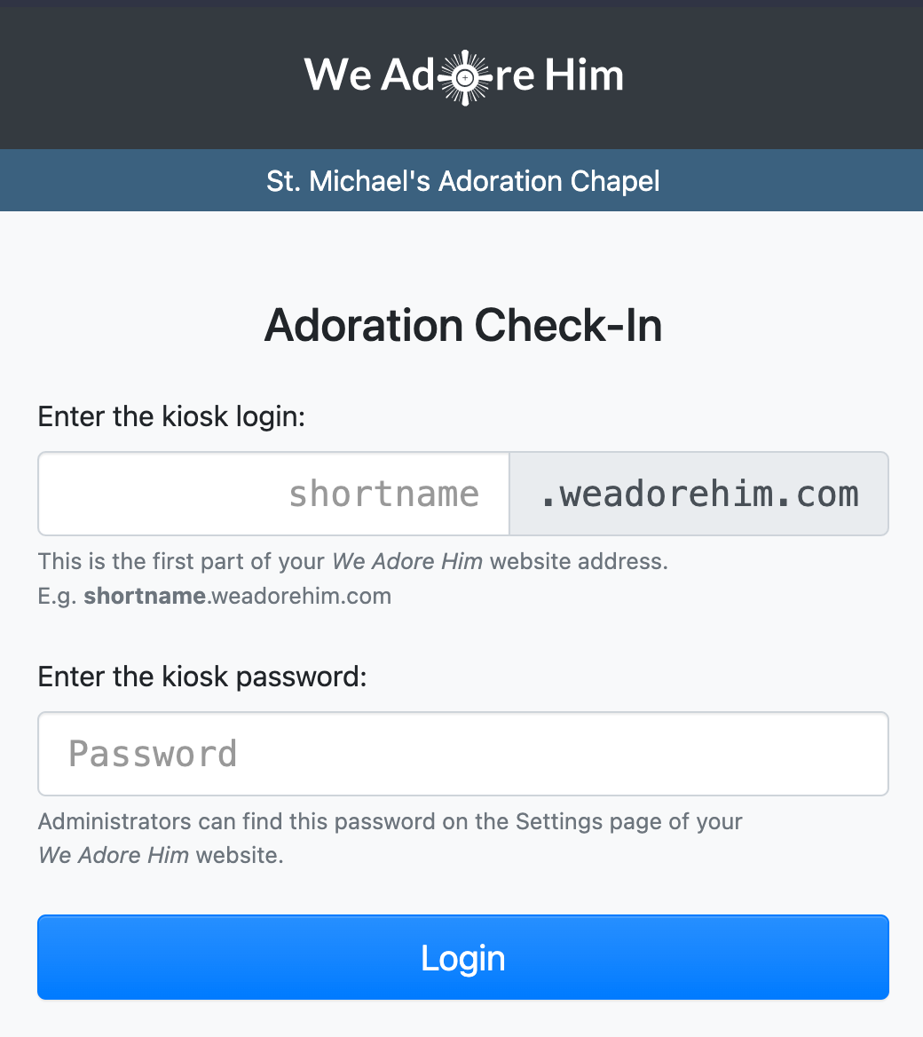 Adoration Check-in Kiosk login form