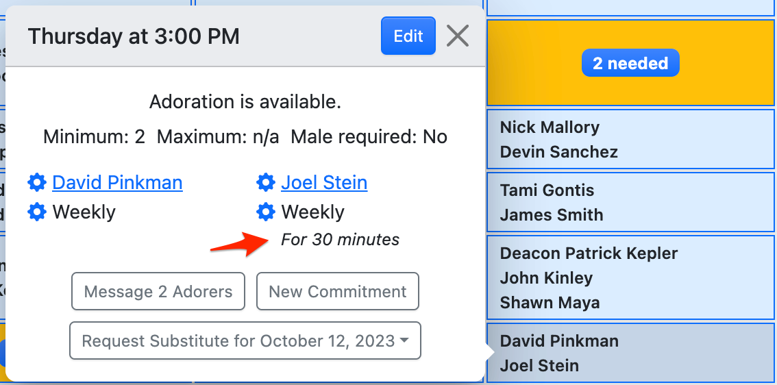 Commitment length on schedule page hour popover