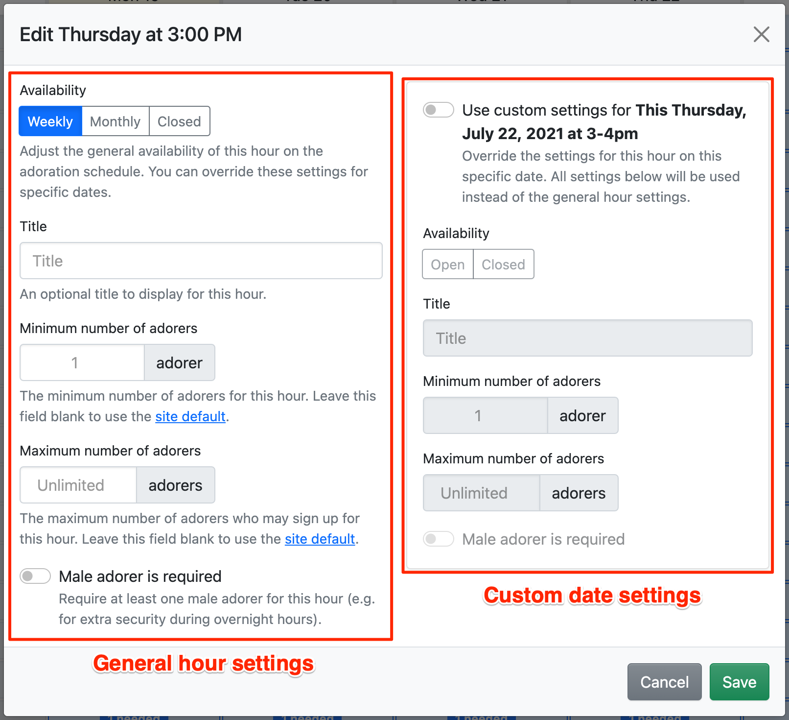 Edit the general hour settings and optionally add custom settings per date