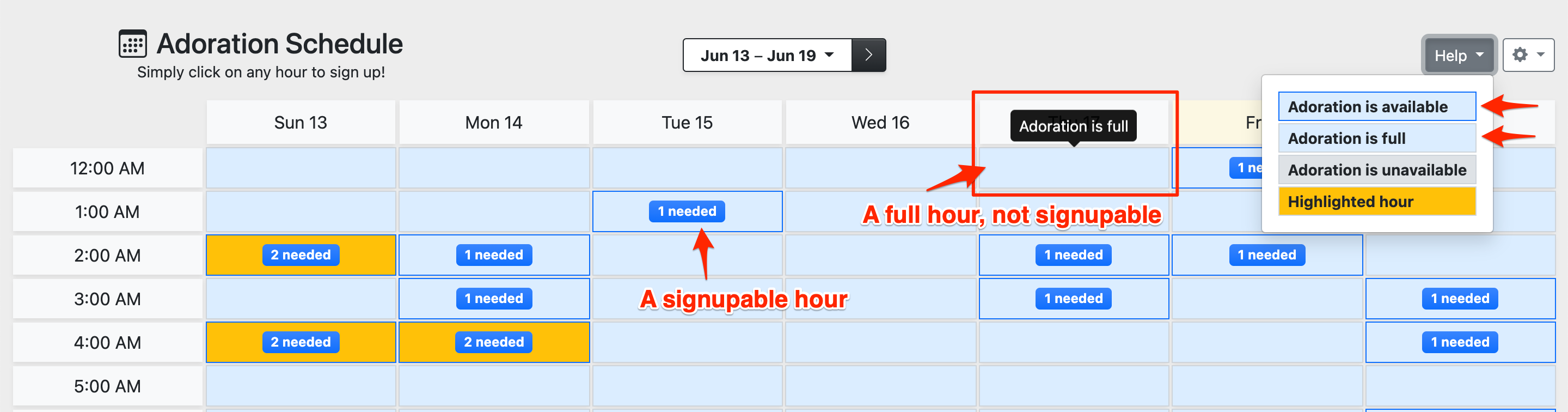 Schedule with "available and signupable" hours, and "available but full" hours