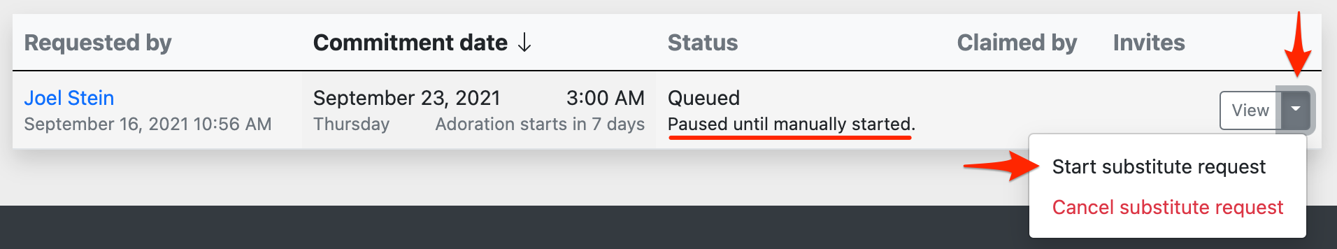 Manually start a queued substitute request