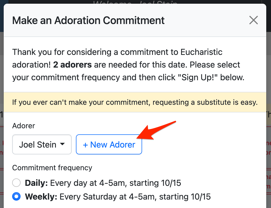 Add an adorer from the new commitment modal