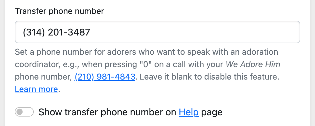 Hide the transfer phone number on the Help page