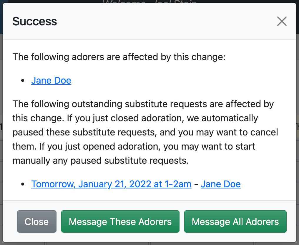 Impacted substitute requests after changing adoration availability