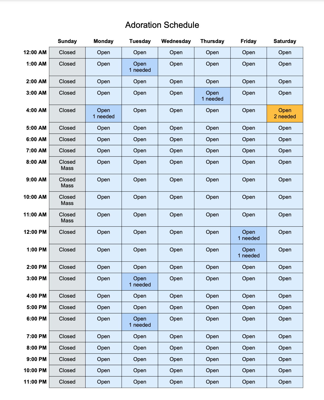 Printed weekly schedule portrait layout