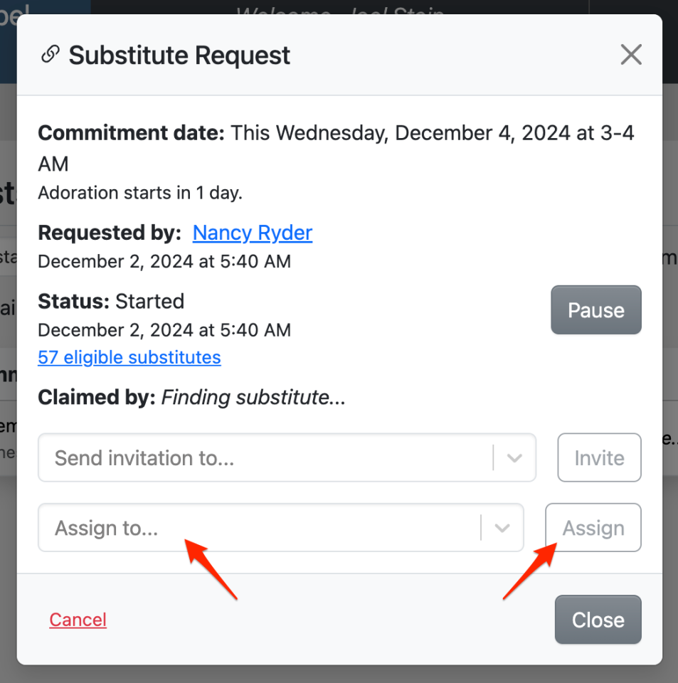 Assign a substitute request to an adorer