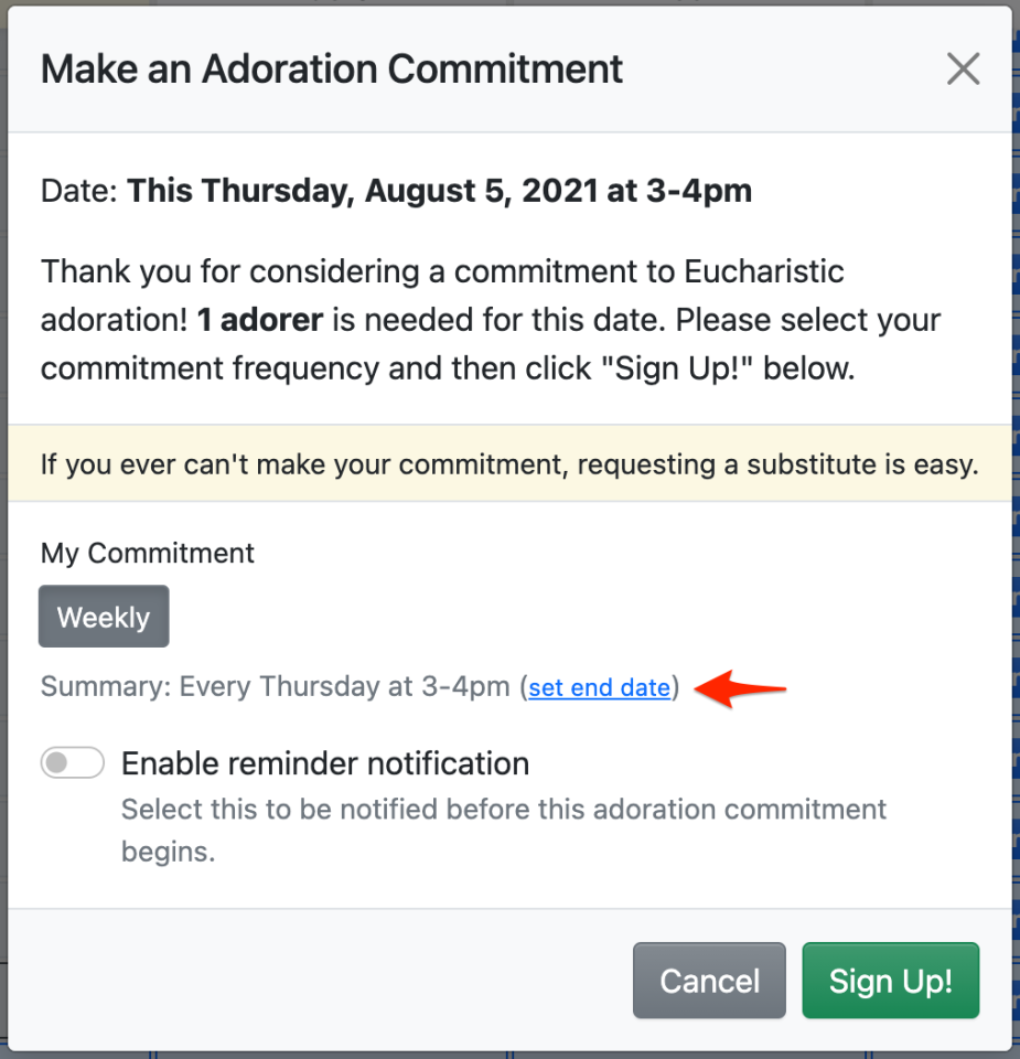 Toggle the commitment end date field