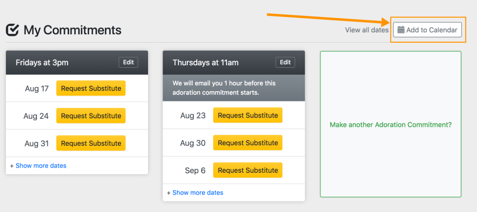 "Add to Calendar" button on an adorer's Dashboard page