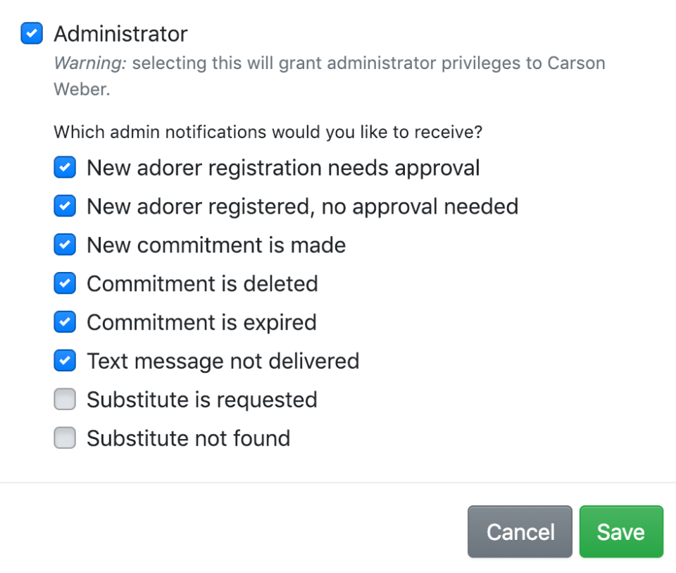 Admin notifications field on the Adorer Account form
