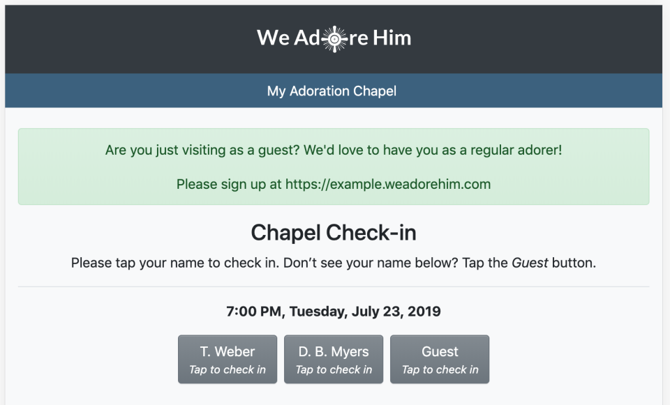 Custom message on the Adoration Check-in Kiosk