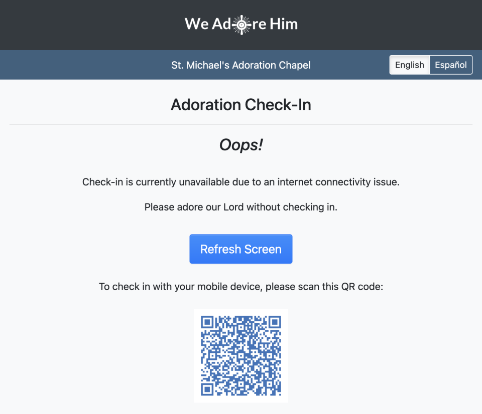 The Mobile Check-In QR Code on the Adoration Check-In Kiosk