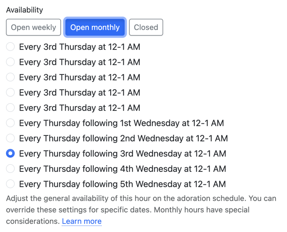 Configuring monthly adoration on the following day hours