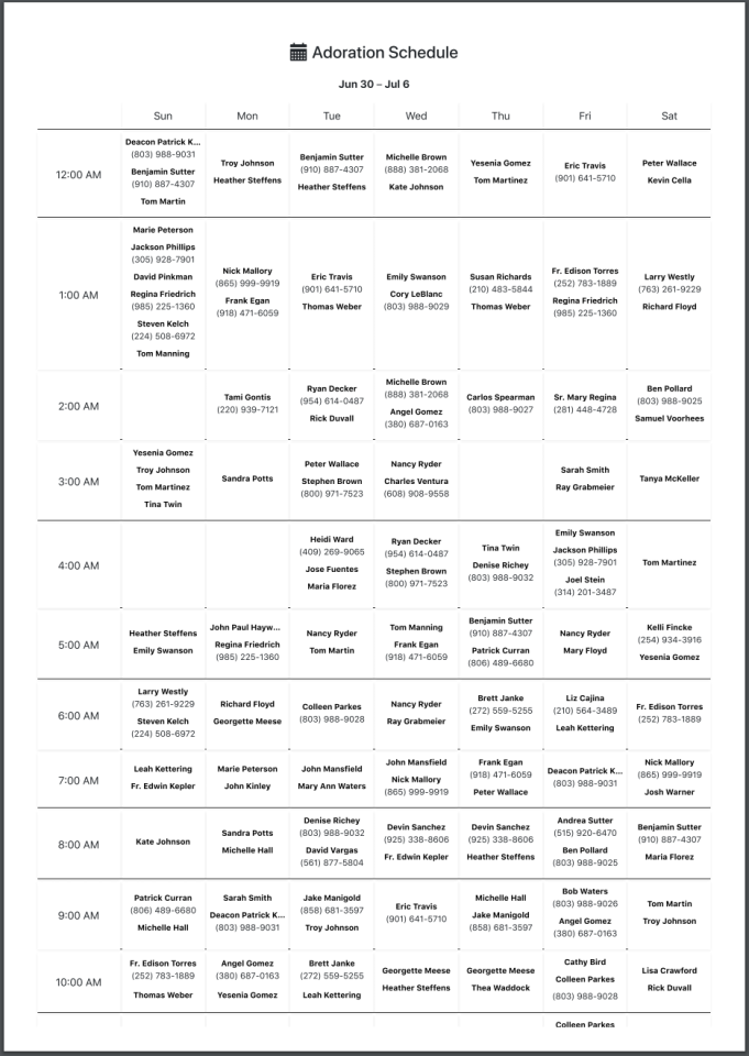 Printed schedule with phone numbers