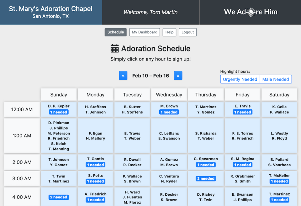 Schedule page displaying abbreviated names of other adorers