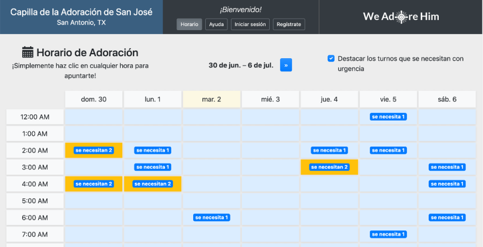 Schedule page in Spanish