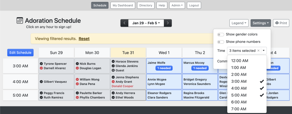Schedule page time filter