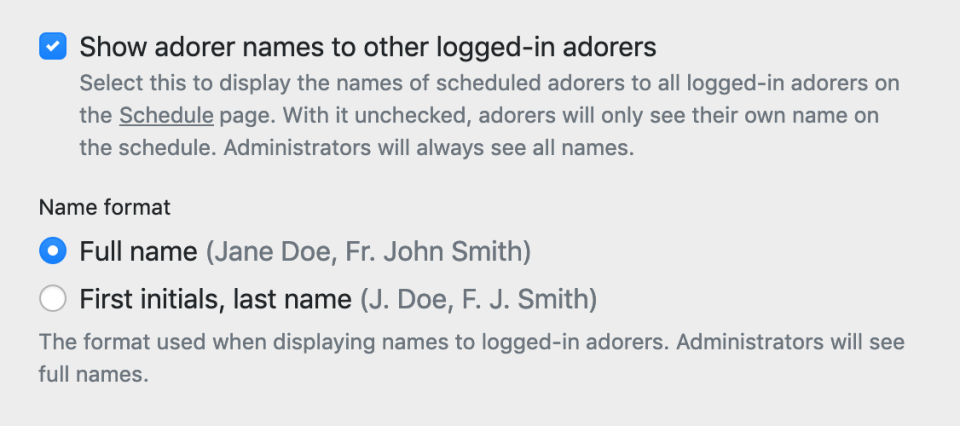 Setting to format names shown to other adorers