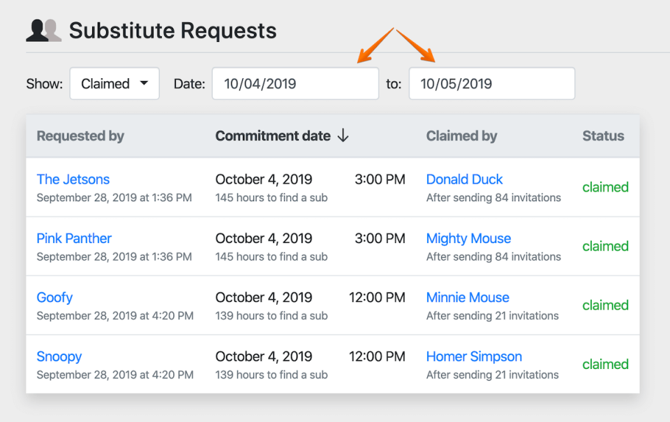 Substitute Requests page date filters