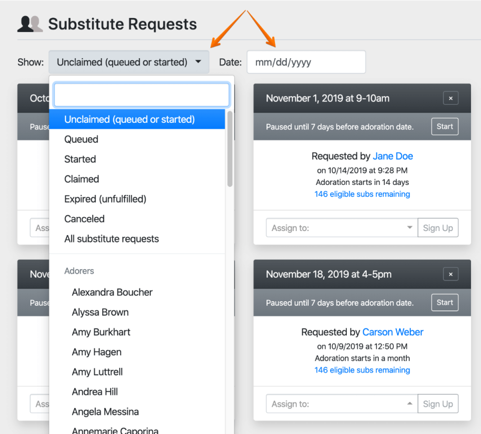 Substitute Requests page filters